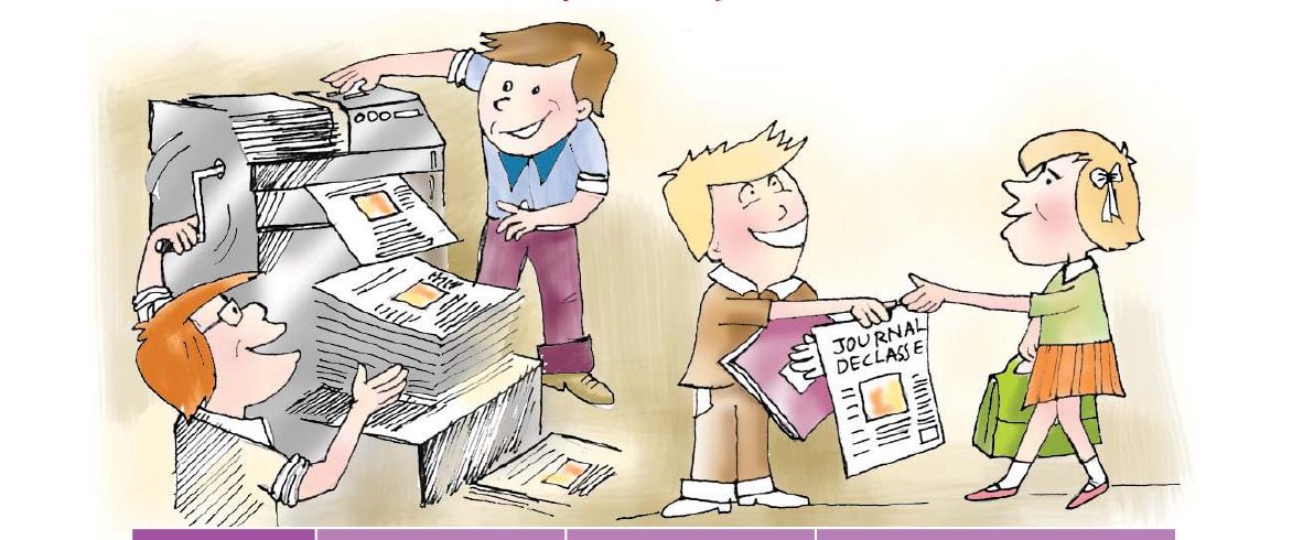 Des enfants fabriquent un journal : un garçon imprime des pages, une autre range les exemplaires, puis un garçon vend un journal à une fille